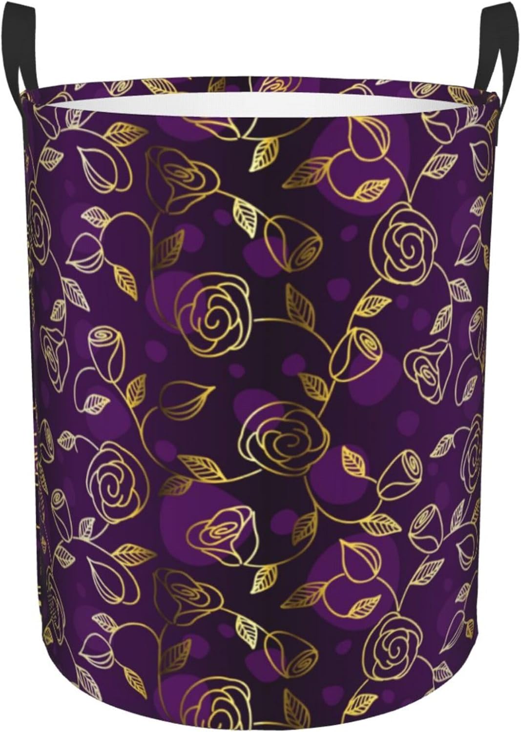 Cesta de lavandería con asas, para ropa sucia, juguetes, organiza almacenamiento, compatible con flores florales, moradas y doradas, cesta de