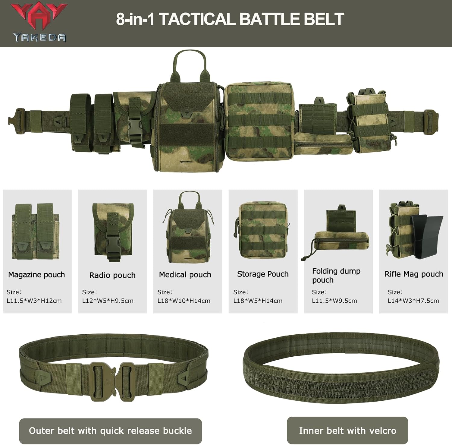 YAKEDA Molle – Cinturón táctico de combate para cinturón de combate de liberación rápida, cinturón de airsoft, cinturones resistentes, 8 piezas