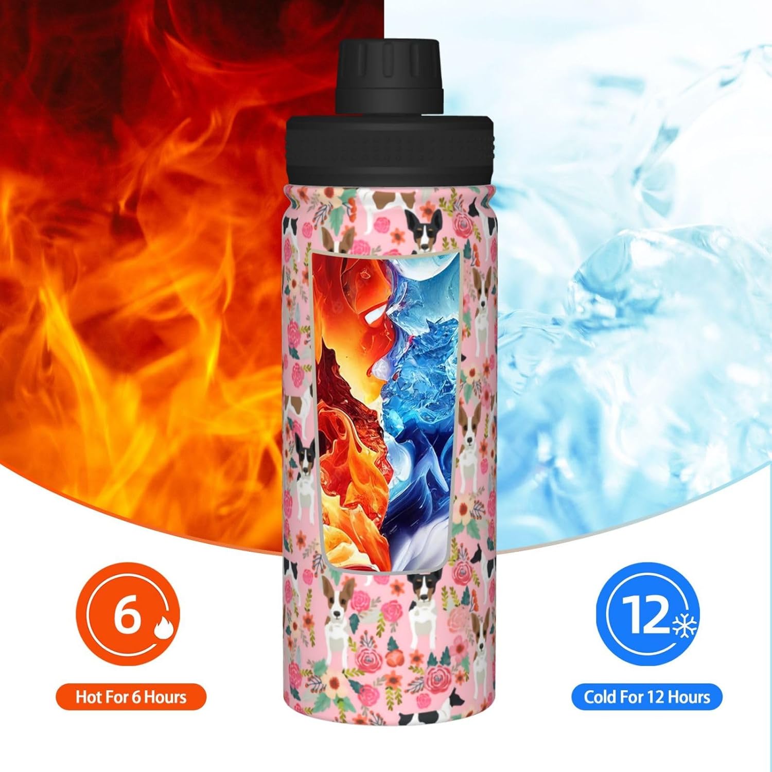 Botellas de agua deportivas aisladas al vacío de acero inoxidable de 18 onzas  Lindas ratas Terrier perro rosas flores tazas con tapa abatible,