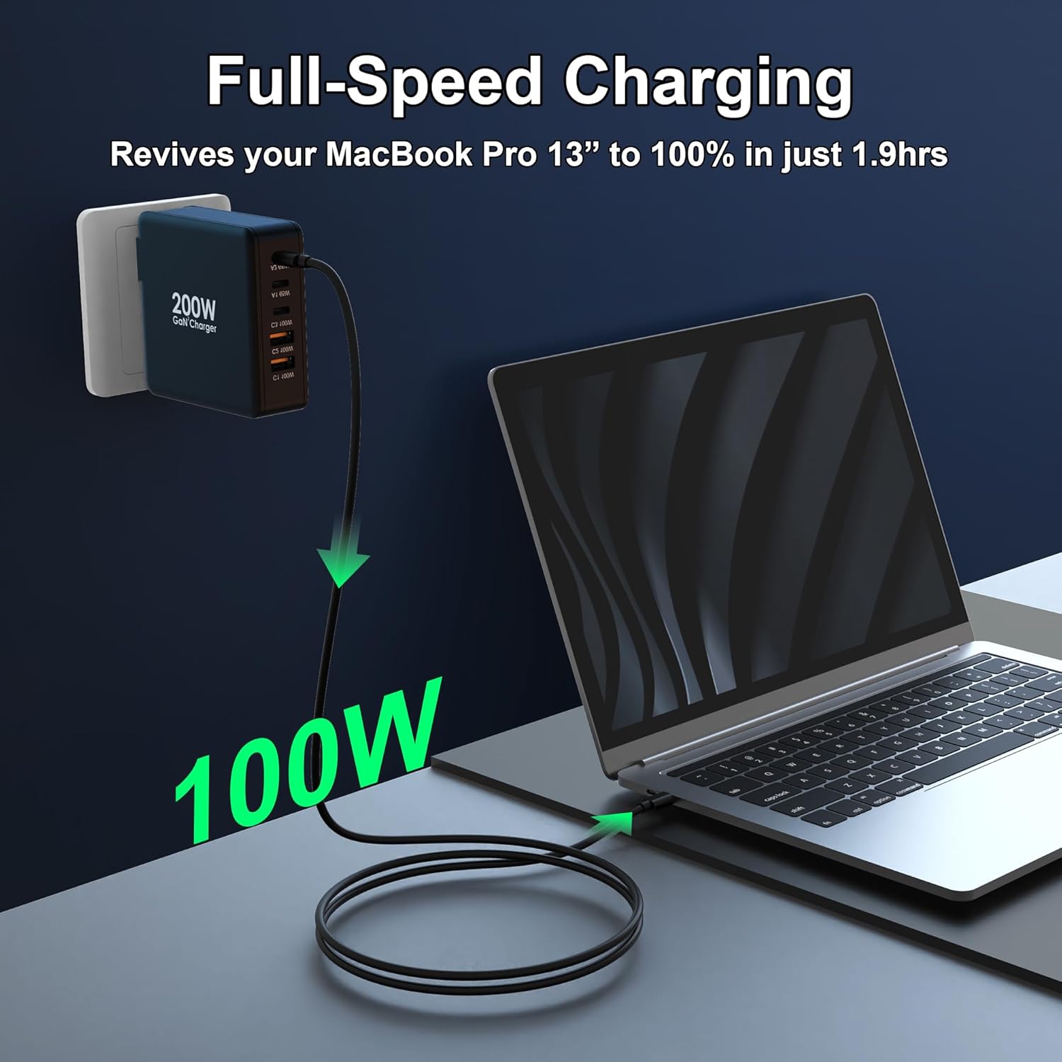 Tobetravel Cargador USB C de 200 W, 5 puertos GaN USB C cargador rápido de pared, PD100W USB C estación de carga de escritorio para iPhone 15 14,