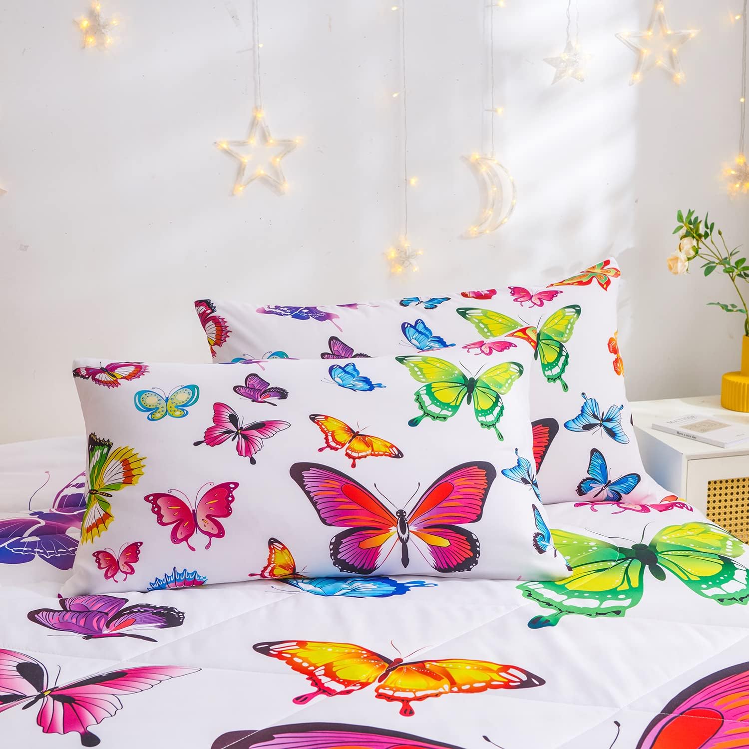 Juego de edredón de mariposa, patrón para niños y niñas, juegos de edredón decorativos con 2 fundas de almohada, tamaño Queen
