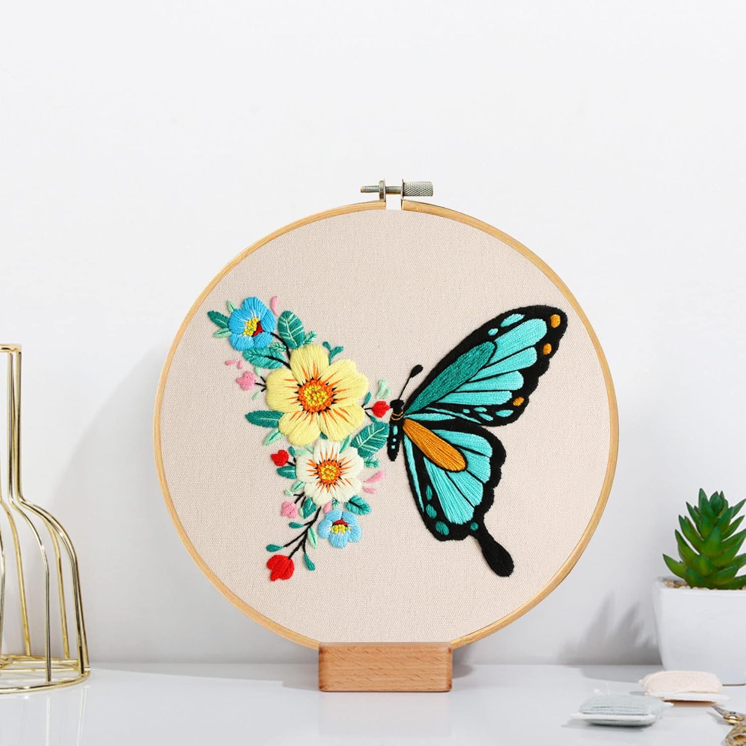 Santune Kit de bordado para principiantes y adultos, kit de punto de cruz para principiantes, bordado a mano con patrones de mariposas e
