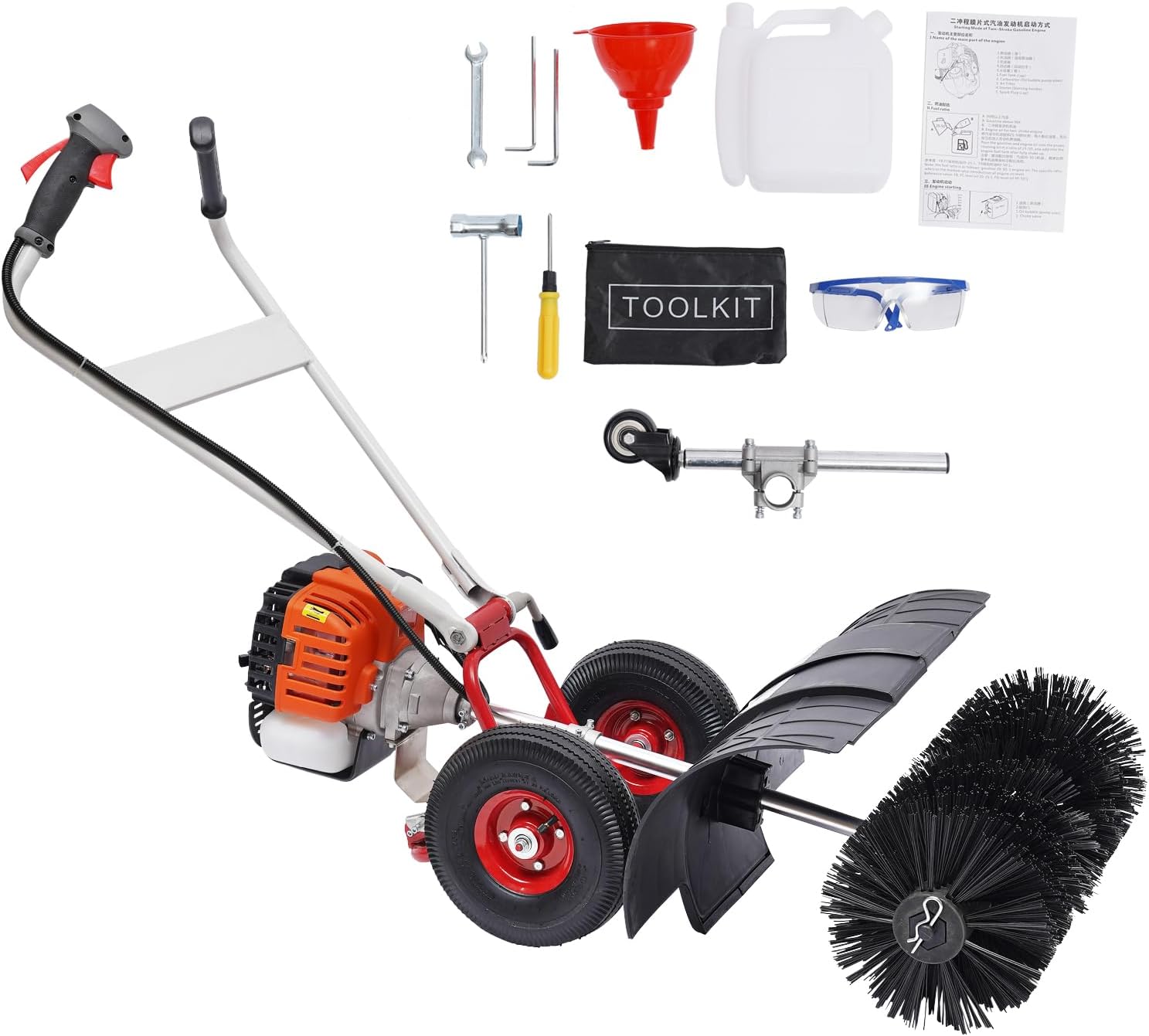 Escoba barredora de limpieza de doble mango de 52 cc, 2.5 HP para caminar detrás de la nieve, motor de gas, barredora de nieve de mano, escoba,