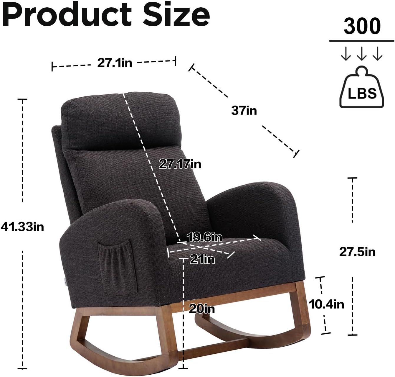 Mecedora moderna, silla mecedora tapizada para bebé, cómoda silla con bolsillo lateral, sillón para sala de estar, respaldo alto con diseño en forma