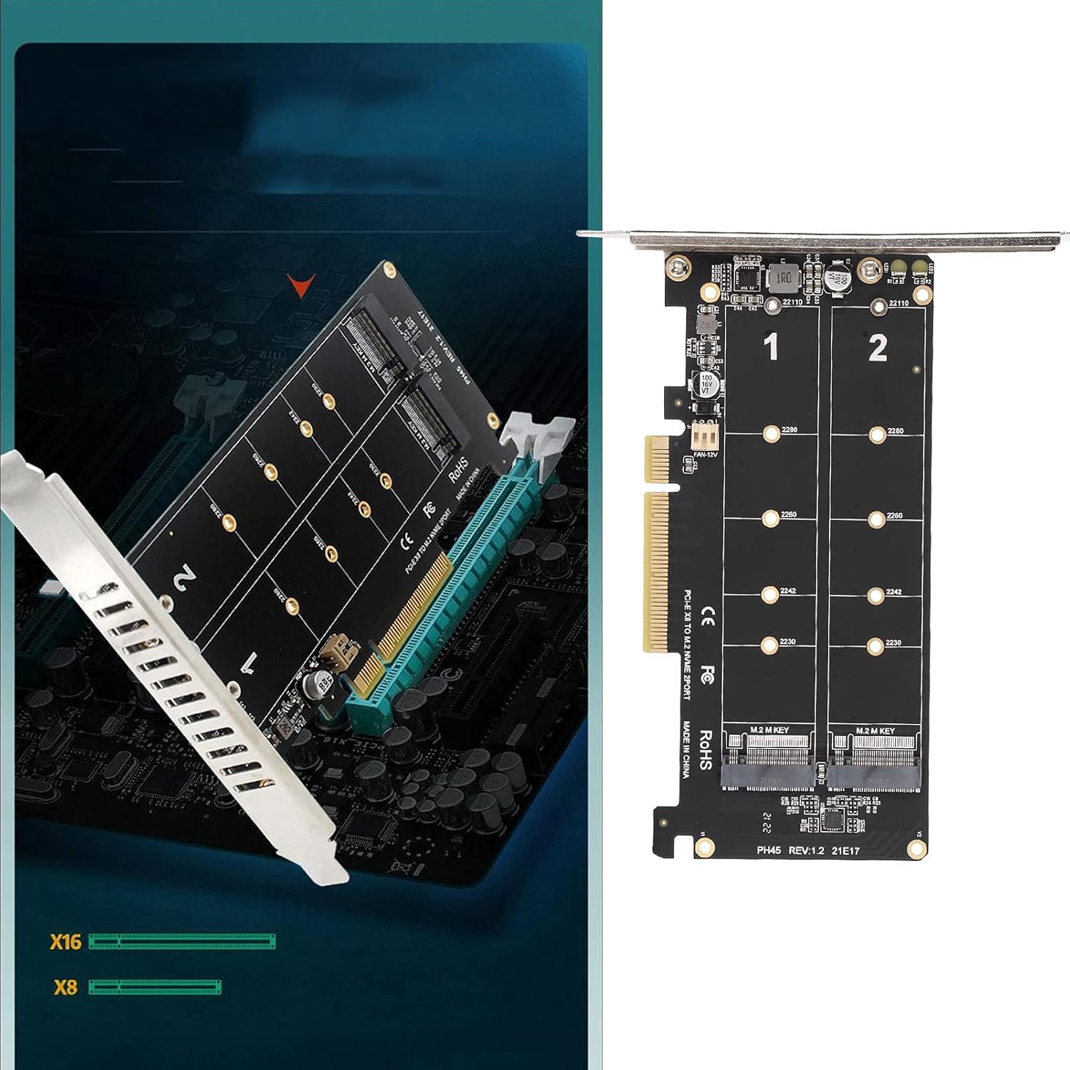 Tarjeta adaptadora dual M.2 NVMe SSD, PCIE X8 M, compatible con tarjeta de llave 2 X4 NVME SSDM.2 PCIE, 2 tarjetas de expansión de 32 Gbps para PC