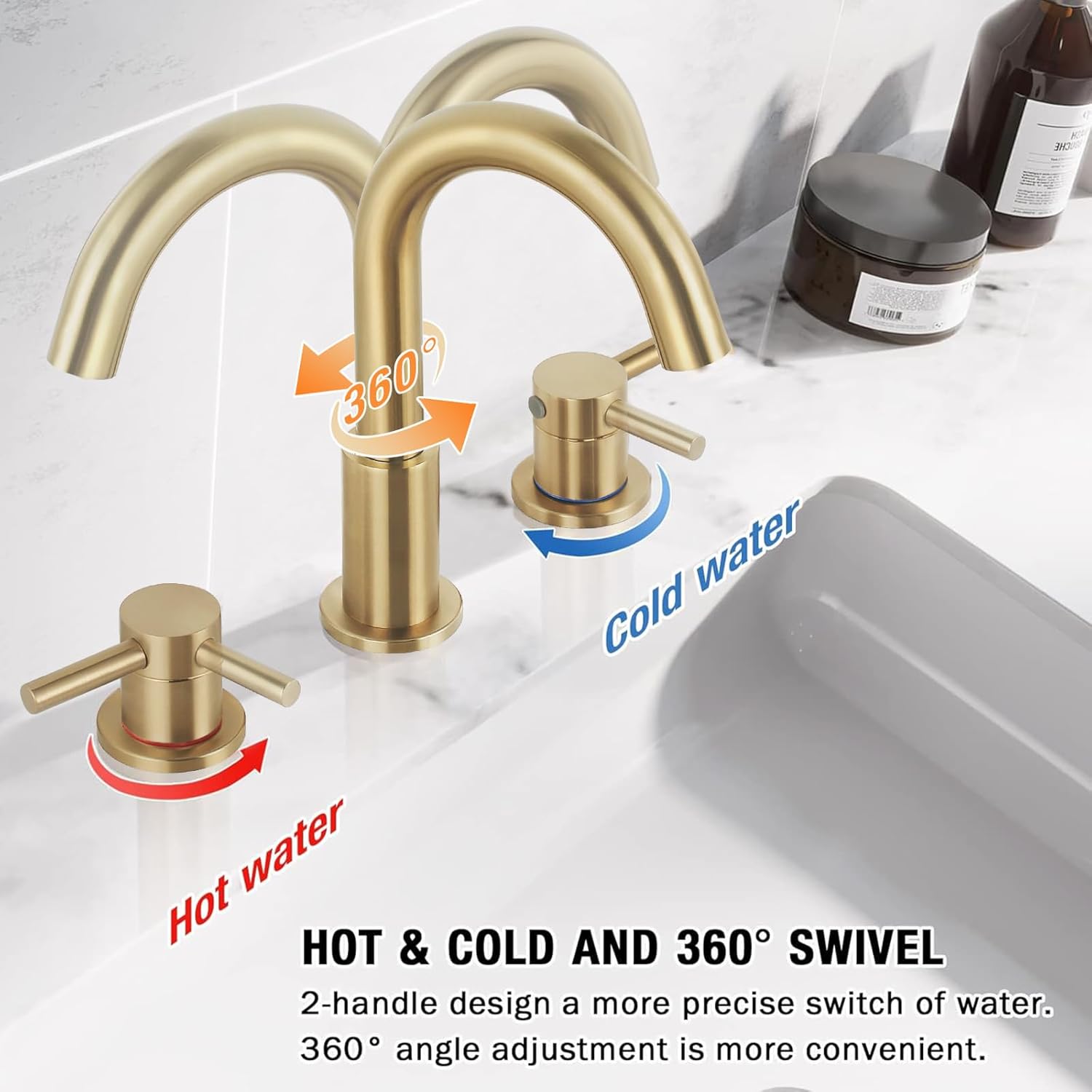 Qomolangma Grifos de baño para fregadero de 3 agujeros, grifo de baño extendido de 8 pulgadas, grifo de fregadero de baño de 2 asas, grifo giratorio