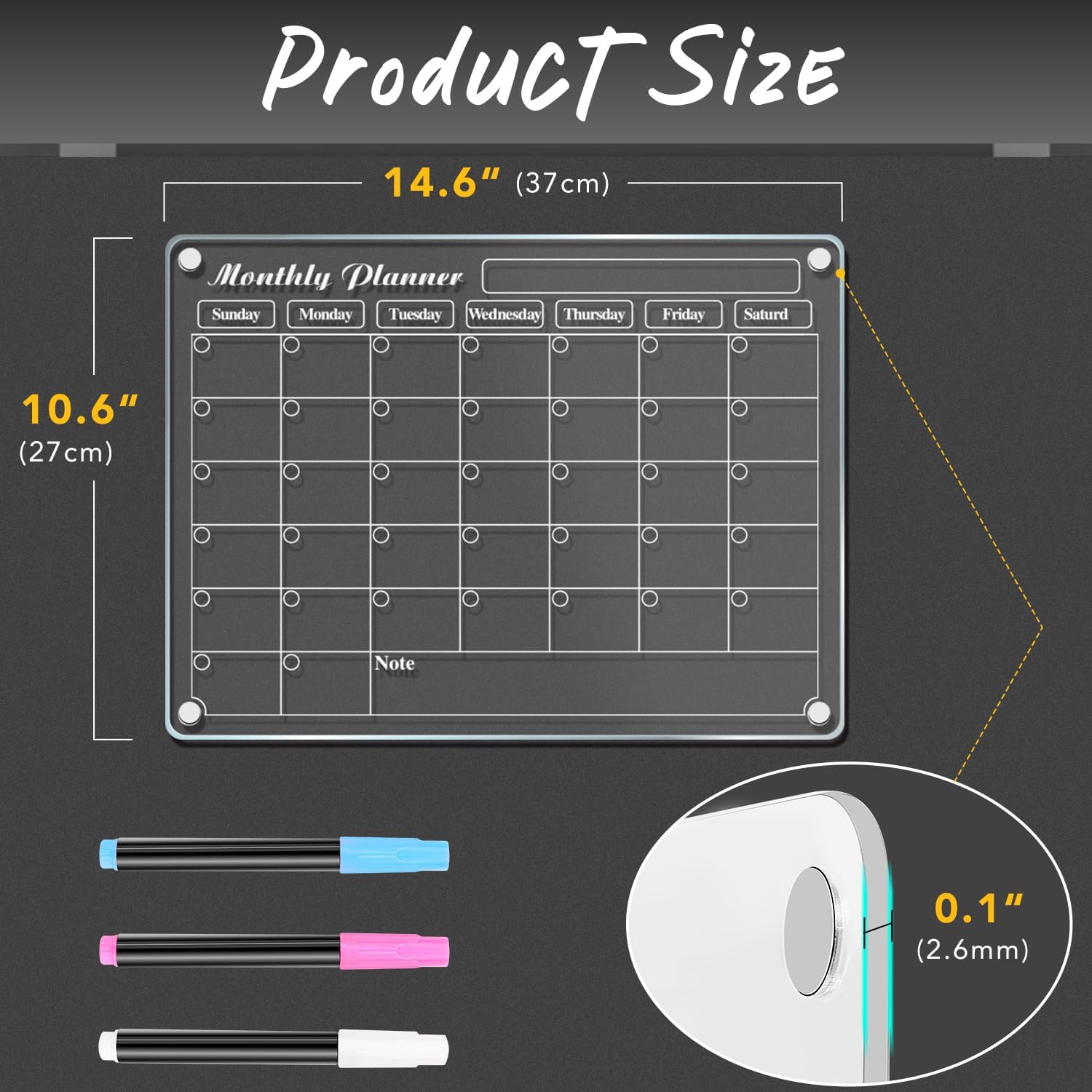 DIYMAG Calendario magnético de acrílico de borrado en seco para refrigerador, calendario acrílico transparente, tablero de planificación mensual