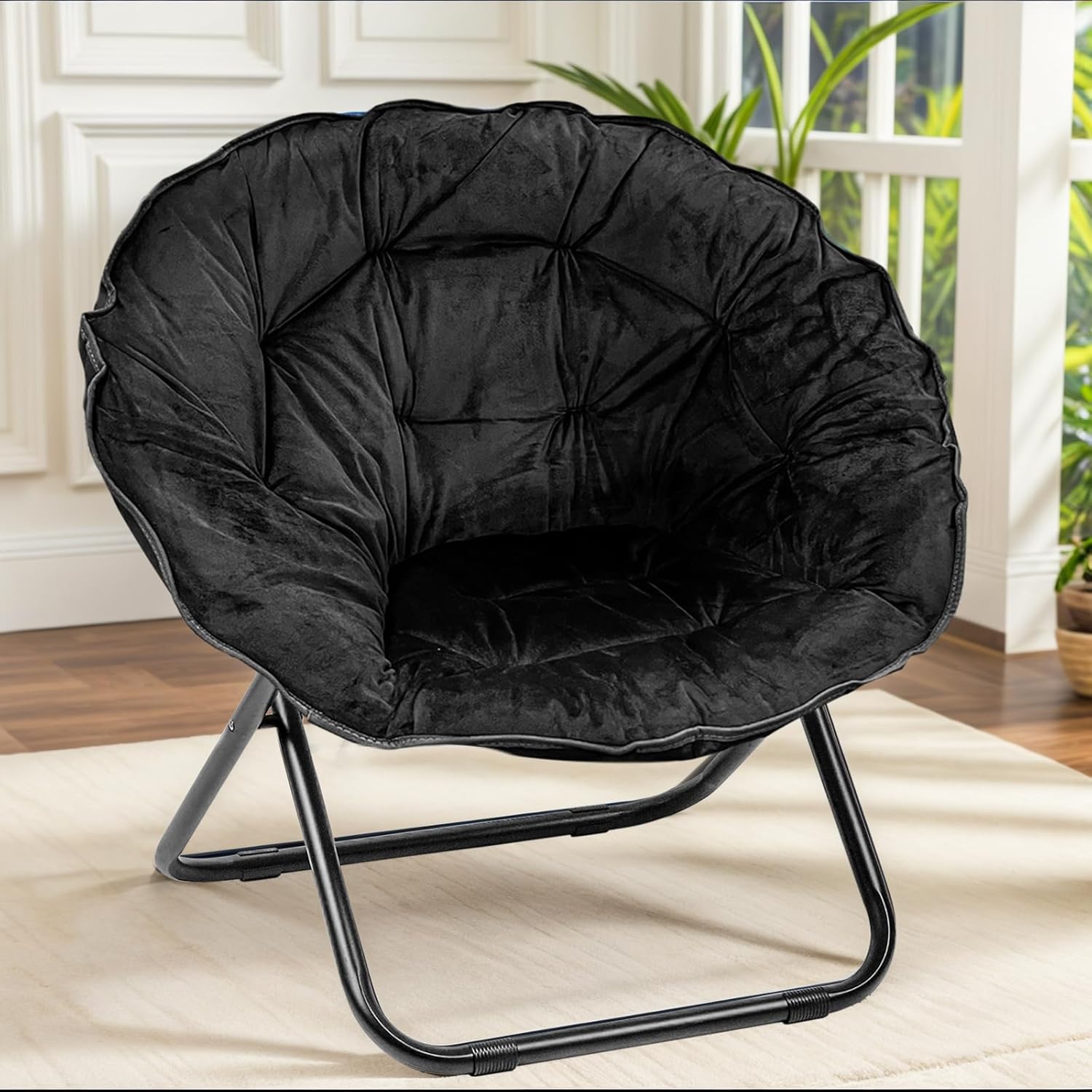 Grezone Silla plegable con platillo, silla de luna perezosa de gran tamaño con marco de metal, cómodas sillas de dormitorio para dormitorio, sala de