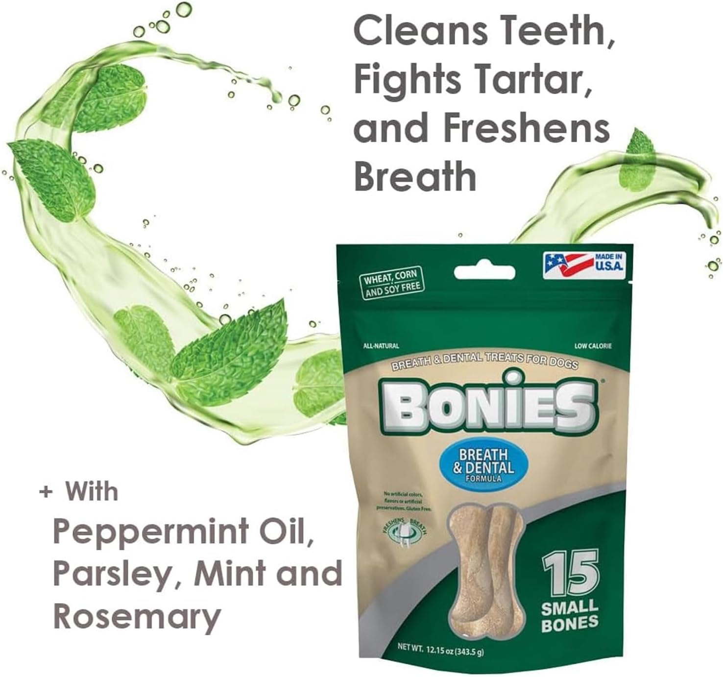 Bonies Aliento y fórmula dental golosinas para perros, ingredientes totalmente naturales, aliento fresco, limpia los dientes, bajo en calorías,