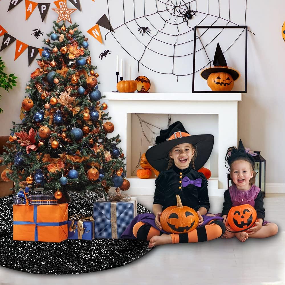 XIMISHOP Falda de árbol de lentejuelas de 48 pulgadas, falda de árbol negra plateada con purpurina para decoración de árbol de Navidad, Halloween,