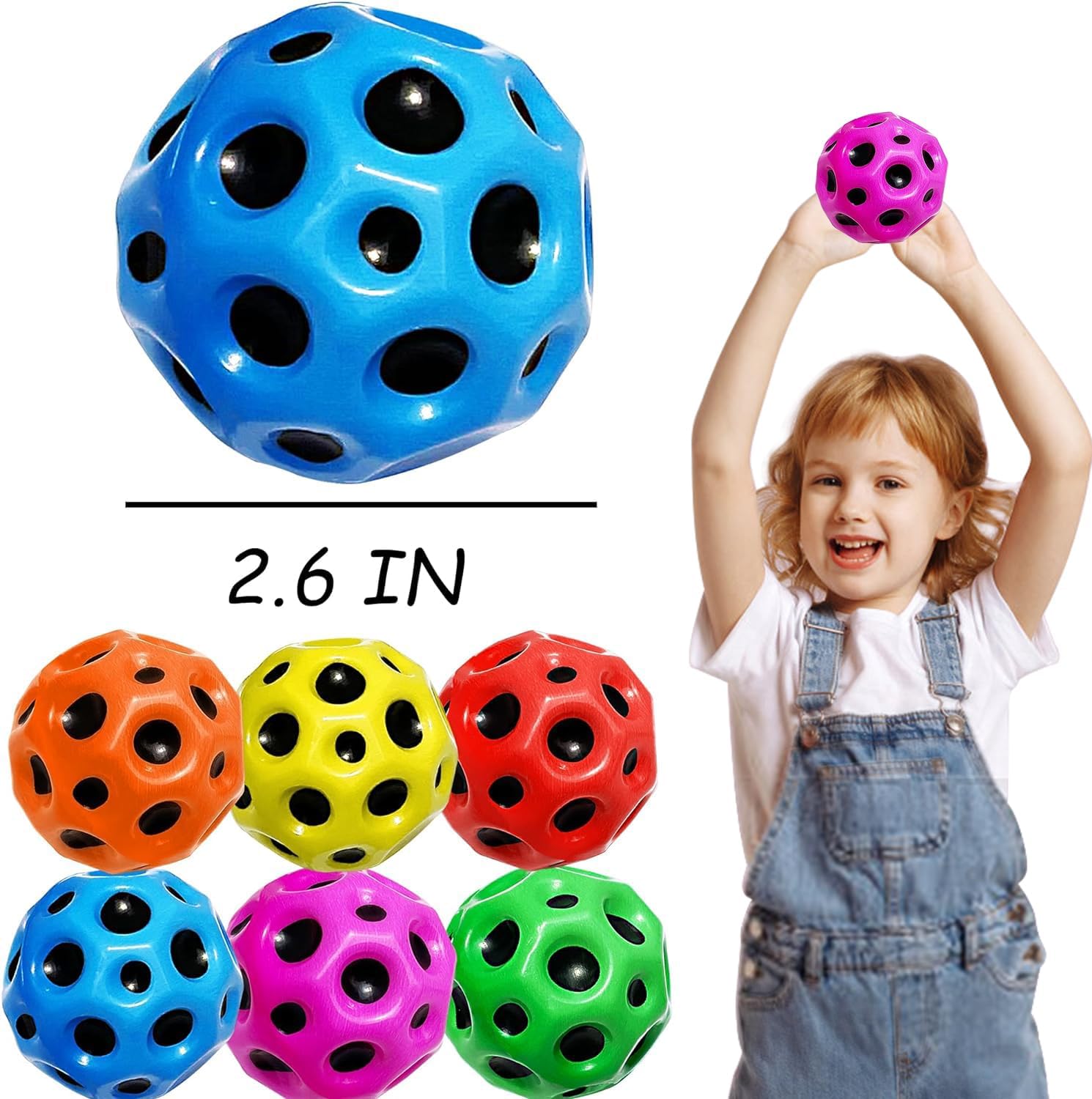 JPONLINE 6 bolas espaciales, pelota espacial de alta elasticidad con bolsa de malla, bola de goma para regalo para niños para juegos de fiesta,