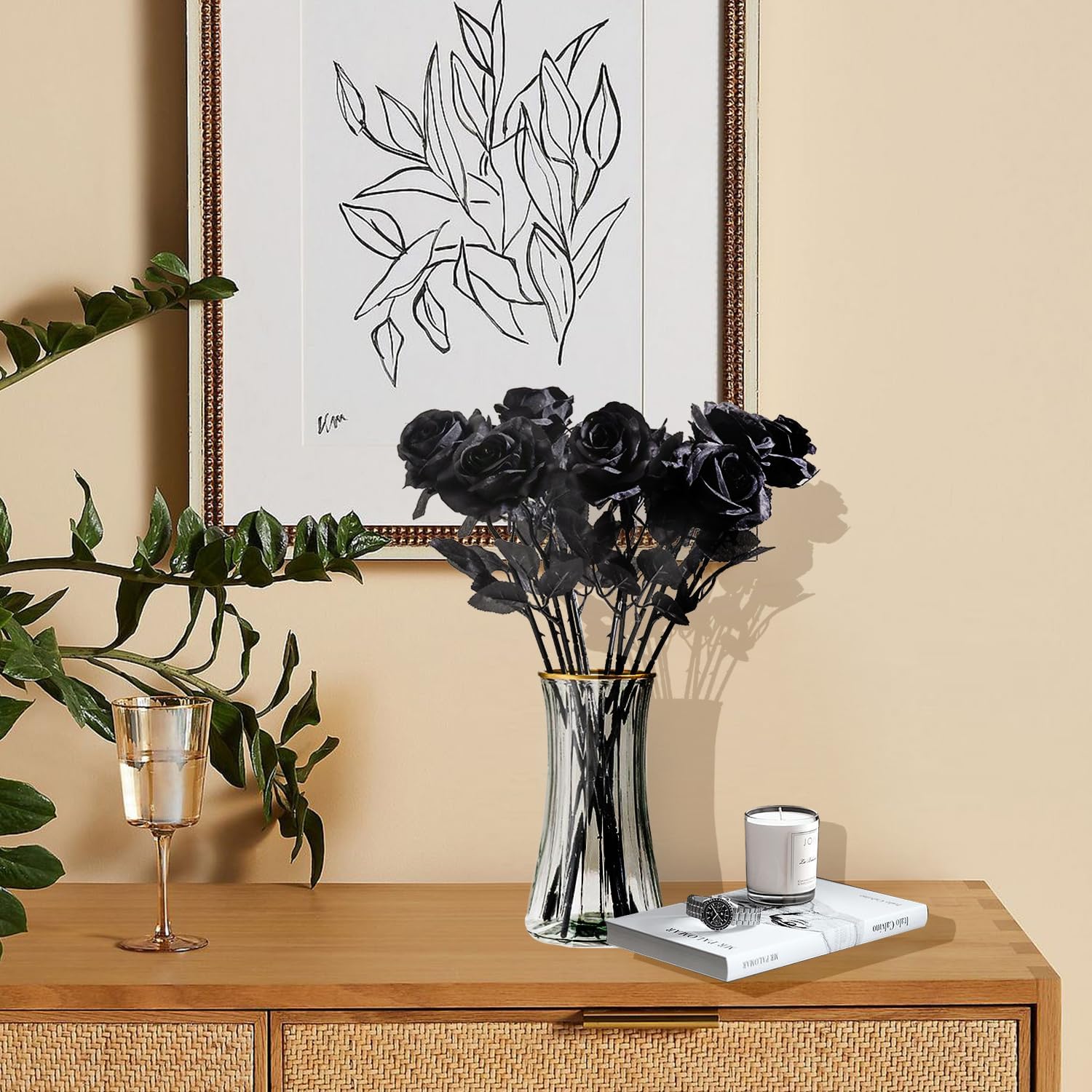 10 rosas artificiales, flores artificiales para decoración de Halloween, tallo largo, rosas artificiales para el hogar, Halloween, gótico,