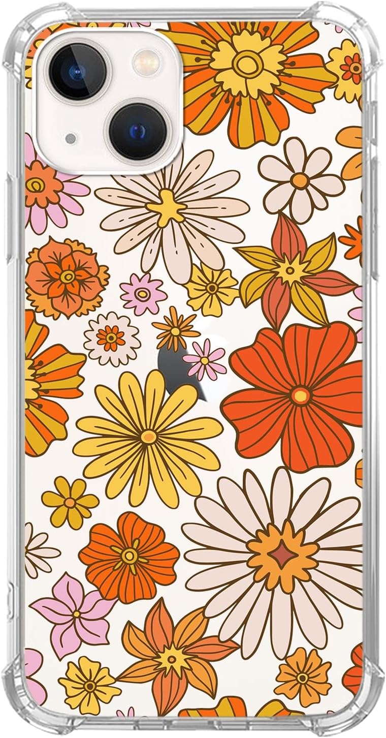 Funda transparente retro de los años 70 para iPhone 13, diseño de flores blancas amarillas y naranjas para adolescentes, hombres y mujeres, funda