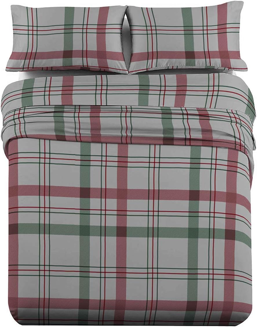 Royal Tradition Juego de sábanas de franela pesada, 100% algodón, tamaño individual extra largo XL, 3 piezas, estampado a cuadros Dessines, 170 GSM