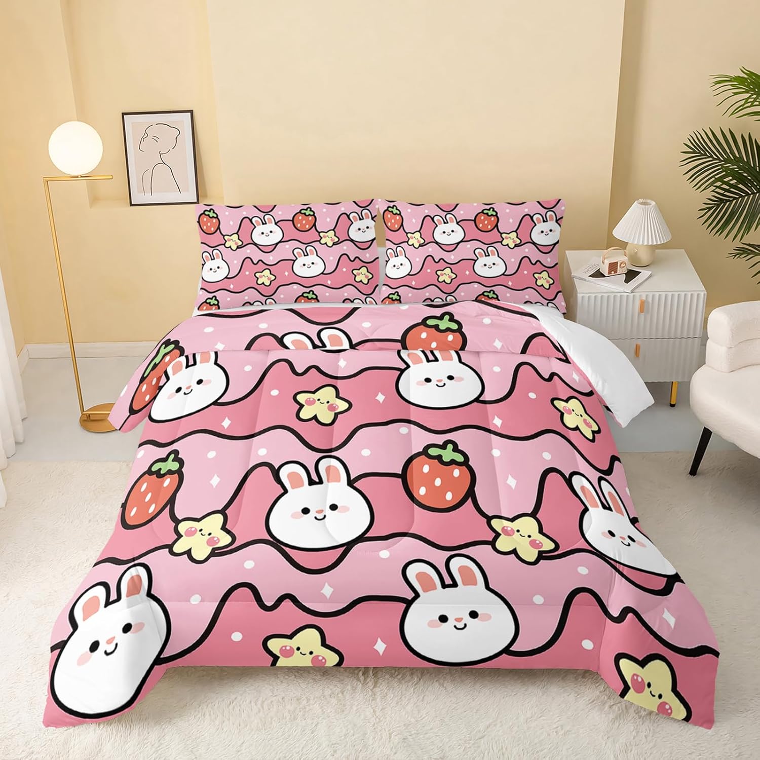QOOMO Edredón Kawaii de conejo, juego de edredón de conejo fresa para niños y niñas, juego de ropa de cama de 3 piezas impreso con 2 fundas de