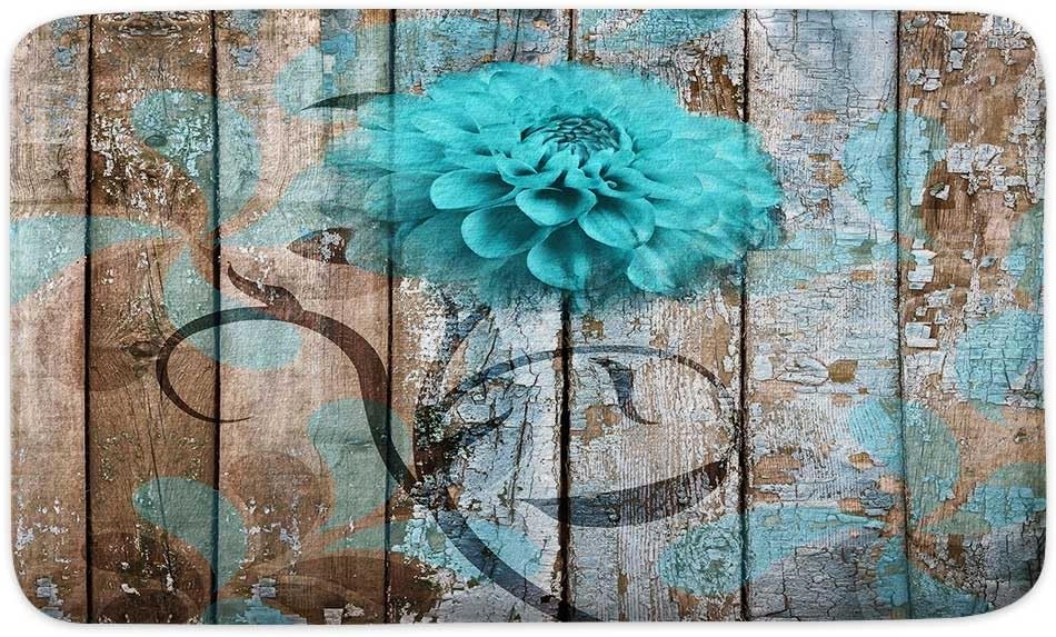 JAWO Alfombra de baño con flores y flores, color verde azulado sobre tablones de madera rústica, juego de tapetes de baño color azul turquesa y azul