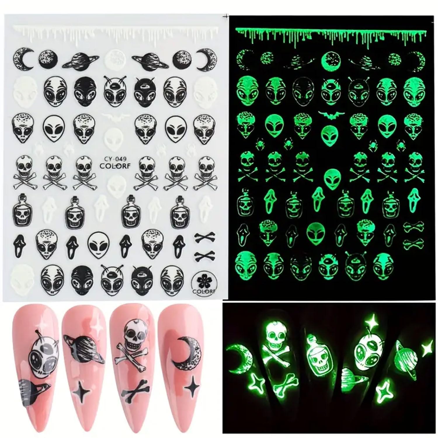 Calcomanías luminosas para arte de uñas de Halloween, 8 piezas que brillan en la oscuridad, calavera, fantasma, araña, calabaza, extraterrestre,