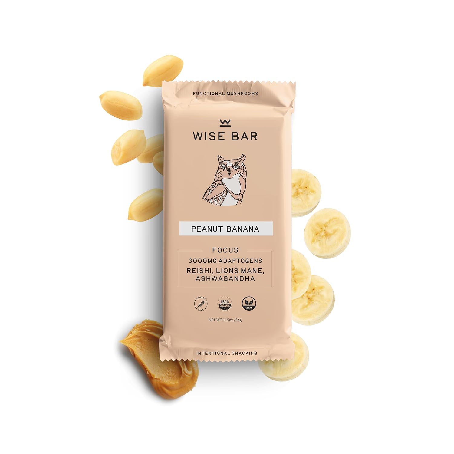 Wise Bar Adaptogen – Barras nutricionales de hongos  Sabor a plátano y mantequilla de maní  12 unidades  Dosis diaria completa de 3,000 mg de hongos