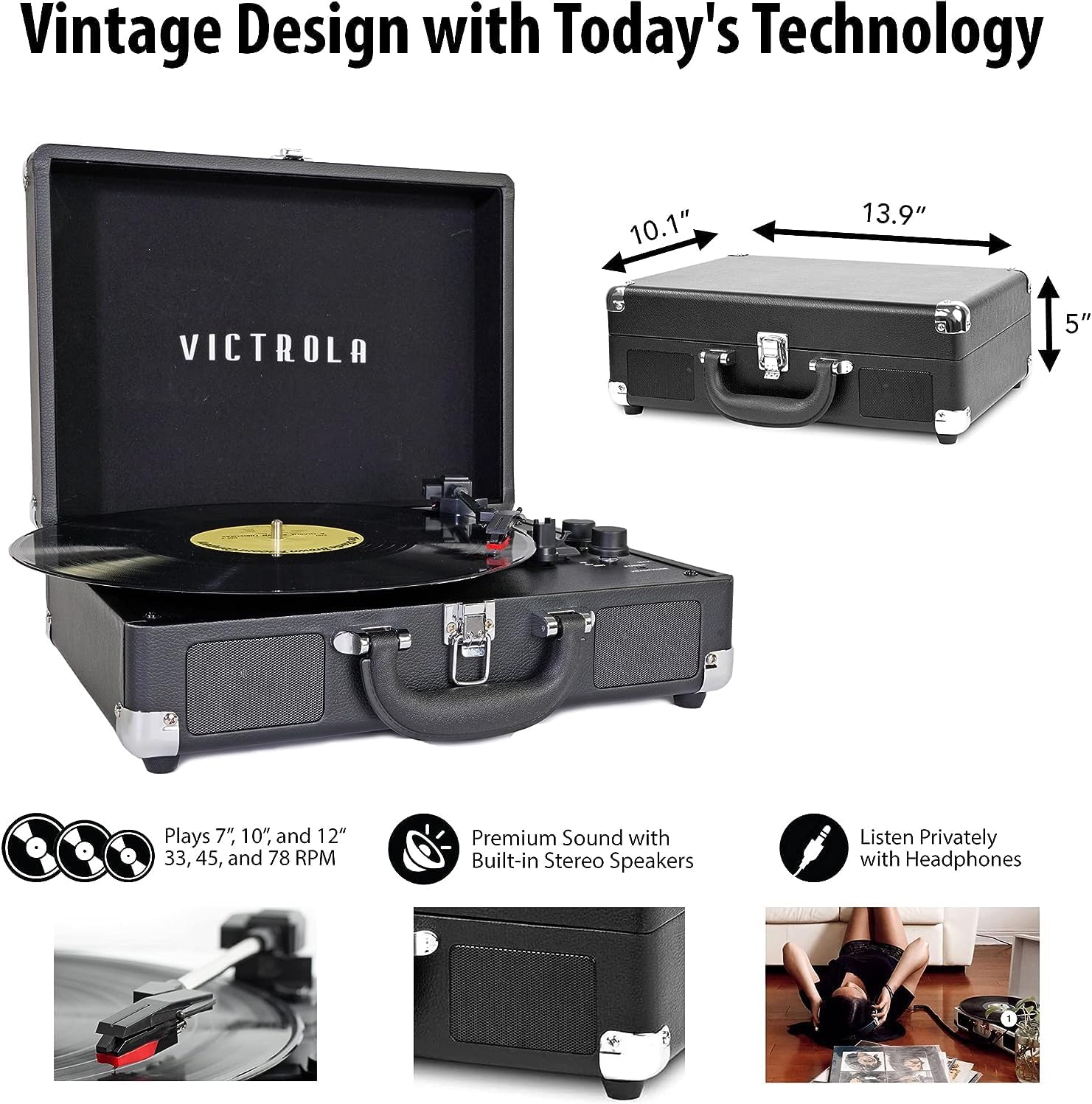 Victrola Tocadiscos portátil de maleta estilo vintage, 3 velocidades, conexión Bluetooth, altavoces integrados, incluye púa extra, marrón, modelo