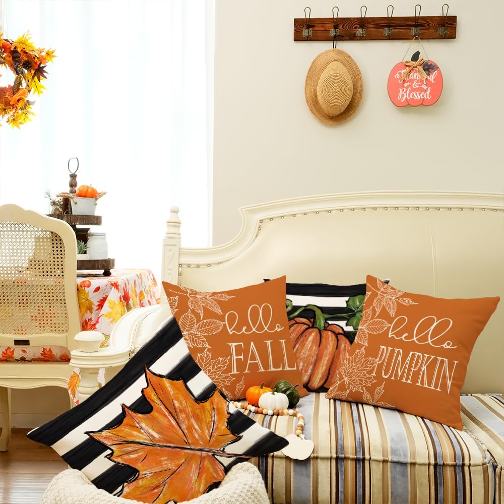 Juego de 4 fundas de almohada decorativas de otoño de 20 x 20 pulgadas, diseño de rayas de hojas de arce con diseño de calabaza de Hello para