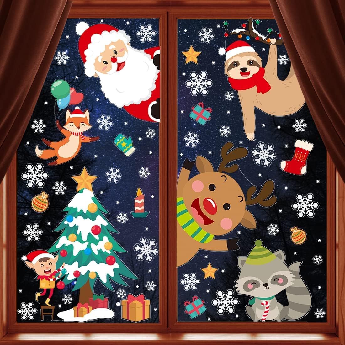 Decoración navideña para ventana, 8 hojas de calcomanías de Navidad para ventana, diseño de copos de nieve de renos de Papá Noel, decoración de