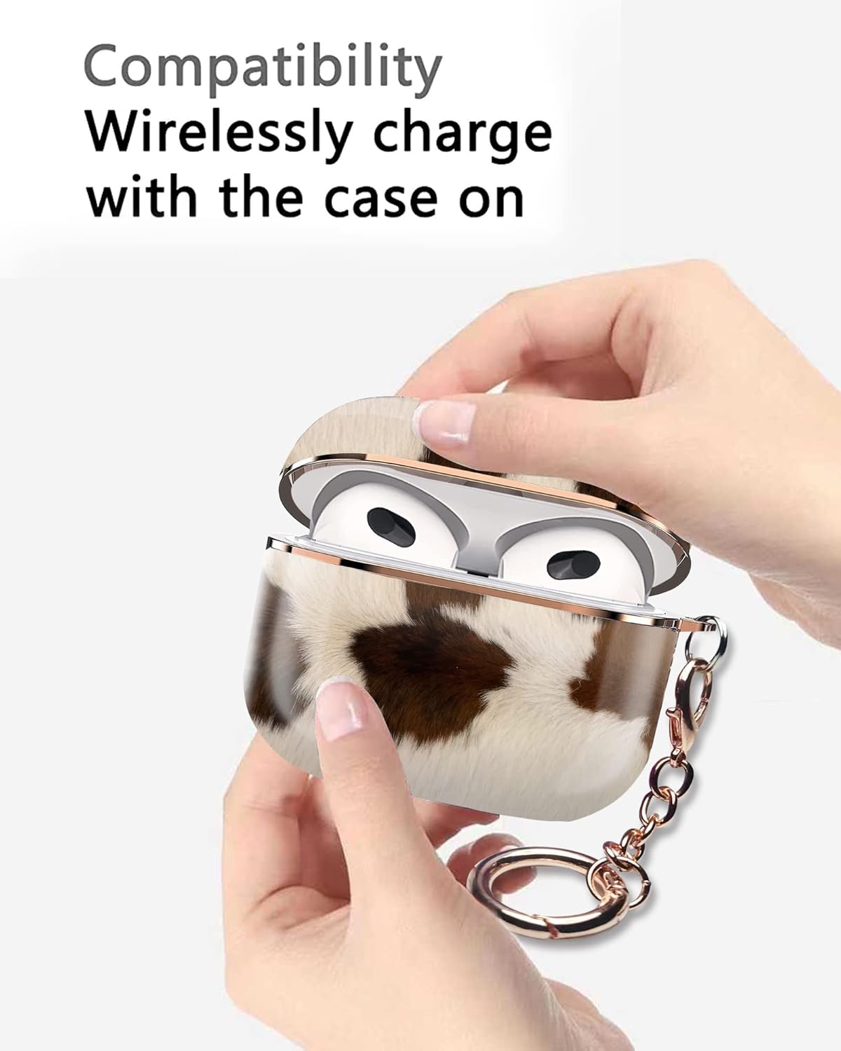 Compatible con Airpods 3 Funda protectora a prueba de golpes rígida con llavero para niñas, mujeres y hombres (piel de vaca, piel de vaca marrón de