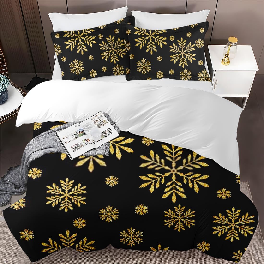 Juego de funda de edredón, diseño de copos de nieve dorados para niños y adultos, decoración de dormitorio, juego de funda de edredón de Navidad con