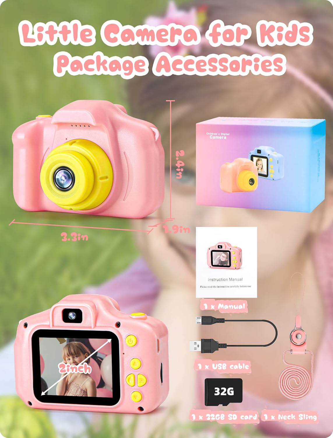 Cámara selfie para niños, cámaras digitales para niños de 3 a 9 años, juguetes al aire libre, grabación de video para niños pequeños de 3, 4, 5, 6,