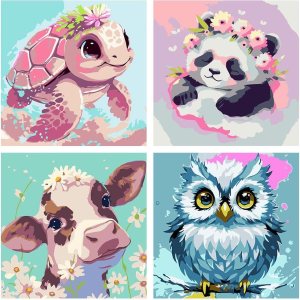 FQOVKYN Paquete de 4 pinturas por números para adultos, kit de pintura por números de animales lindos para adultos principiantes, pintura acrílica FQOVKYN Paquete de 4 pinturas por números para adultos, kit de pintura por números de animales lindos para adultos principiantes, pintura acrílica