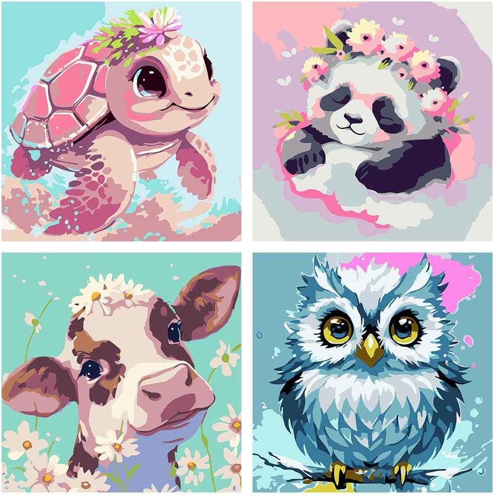FQOVKYN Paquete de 4 pinturas por números para adultos, kit de pintura por números de animales lindos para adultos principiantes, pintura acrílica