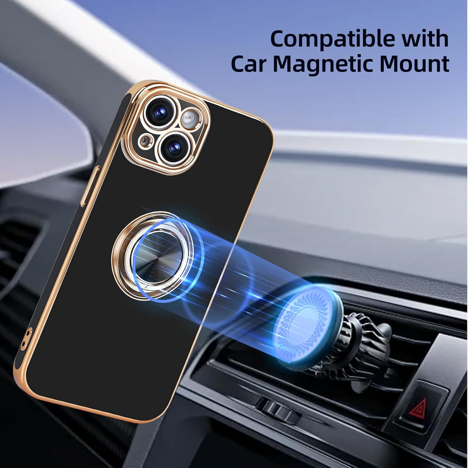 AuroraIce Funda para iPhone 15, iPhone 15, soporte magnético para automóvil compatible con anillo de 360, chapado en TPU suave, a prueba de golpes,