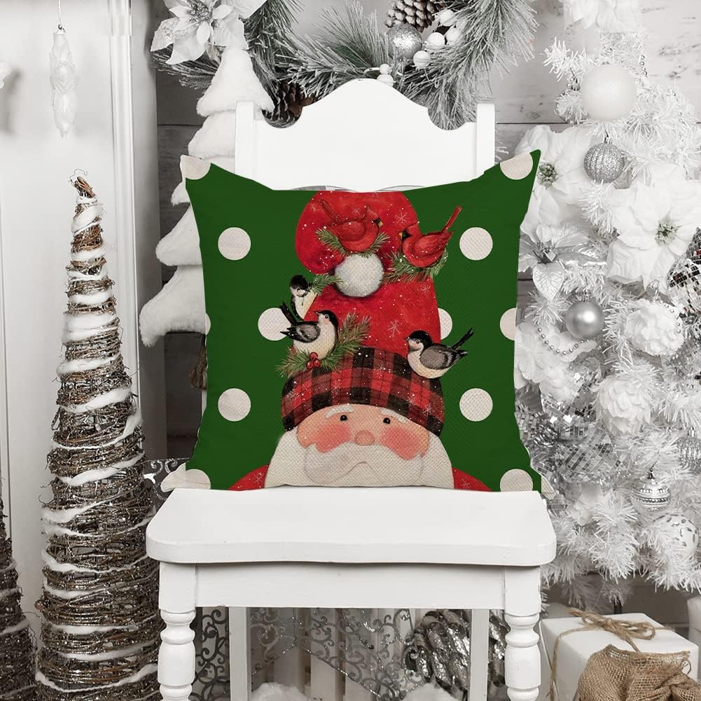 Juego de 4 fundas de almohada de Navidad de 18 x 18 pulgadas, diseño de lunares, a cuadros, acuarela, árbol de Navidad, camión, Papá Noel, pájaro,