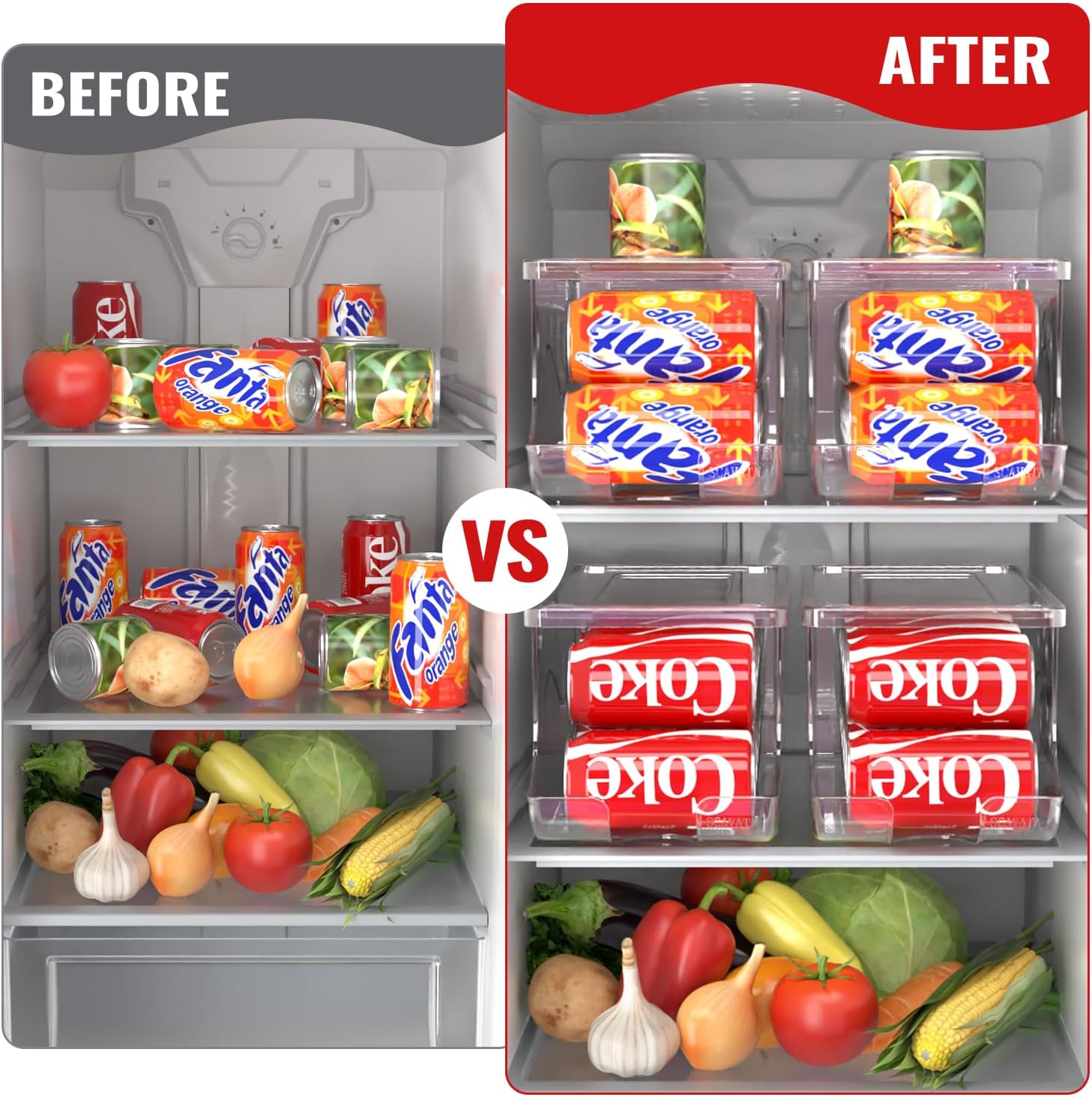 Paquete de 2 organizadores apilables para refrigerador, dispensador de latas de refrescos, contenedor de bebidas con tapa para refrigerador,