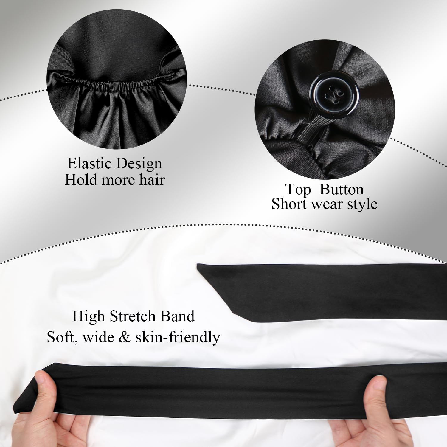 Babalet Gorro de seda para dormir, gorro de satén plegable extra largo con banda de amarre elástica para mujeres negras, accesorio para el cabello