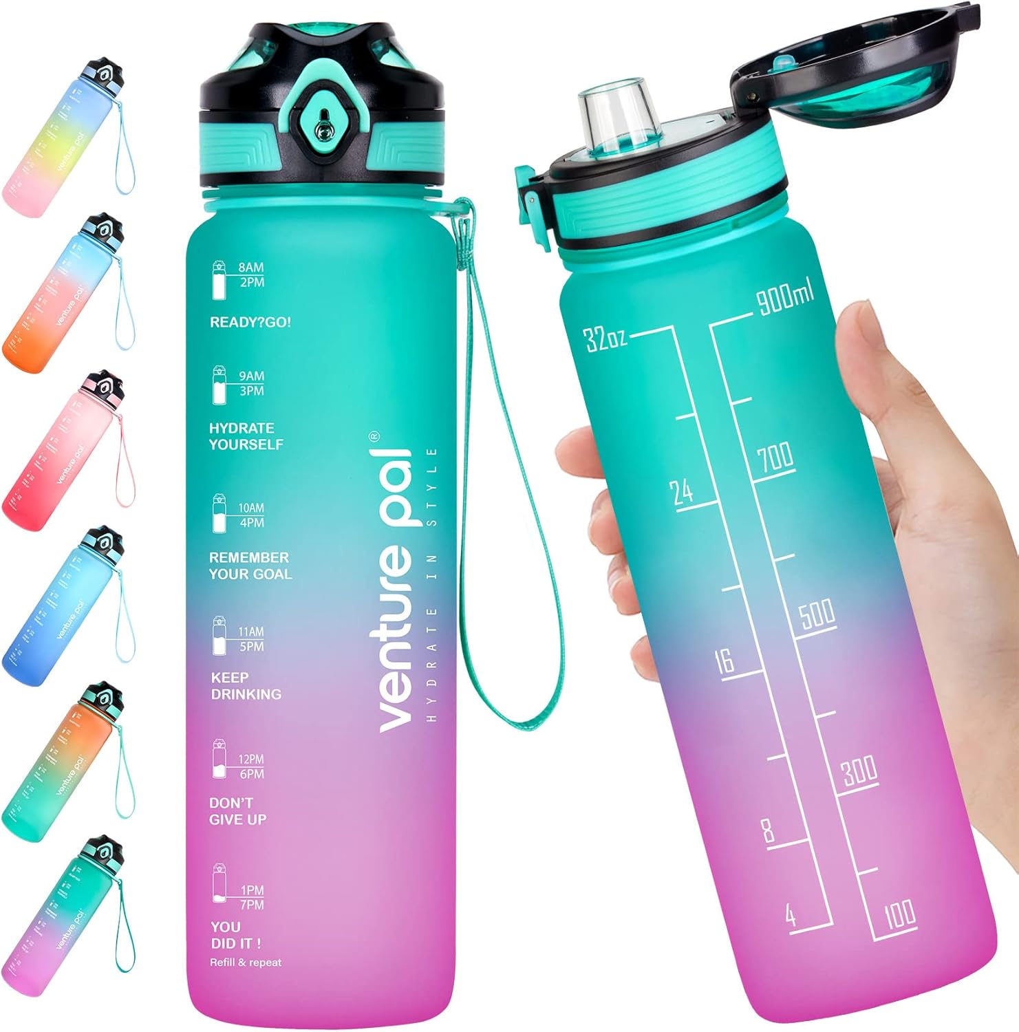 Venture Pal – Botella de agua deportiva de 22 onzas  32 onzas con marcador de tiempo, correa de transporte y cepillo de limpieza, sin BPA, a prueba
