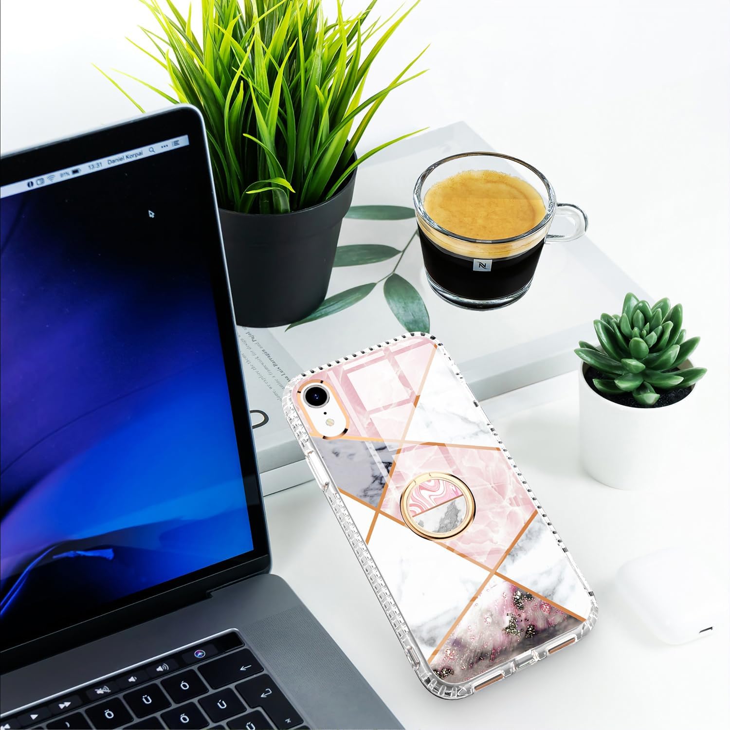 Asuwish Funda de teléfono para iPhone XR 6.1 con protector de pantalla y soporte de anillo de mármol, a prueba de golpes, TPU silicona, resistente