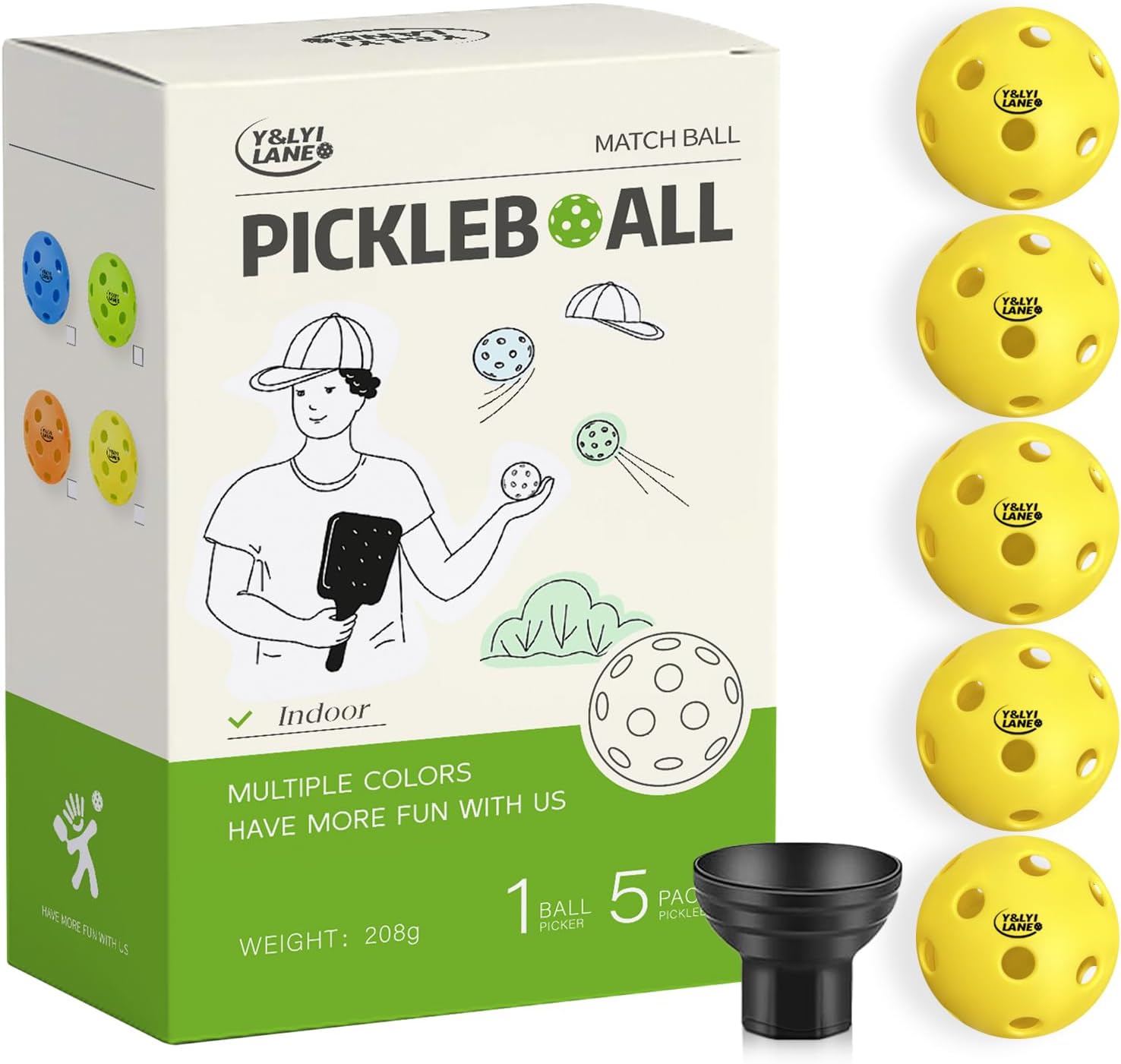 Y&LYILANE Pickleball Balls- 5-Pack and a Pickleball Ball Retriever,High Bounce True Flight, Durable,Suitable for All Levels of Players
