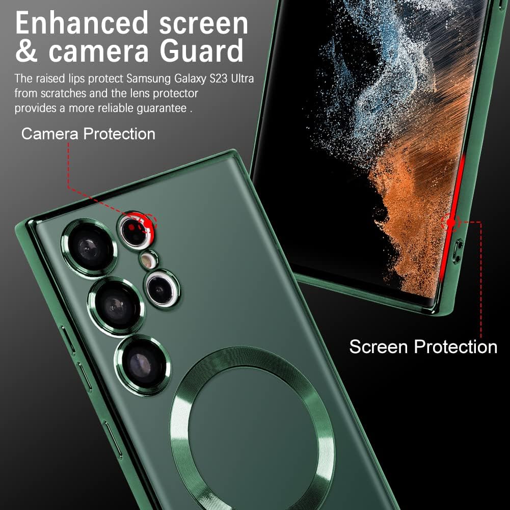 BITOBE Funda magnética compatible con Samsung Galaxy S23 Ultra Plating con protector de lente de cámara, cubierta magnética de TPU suave, cuerpo