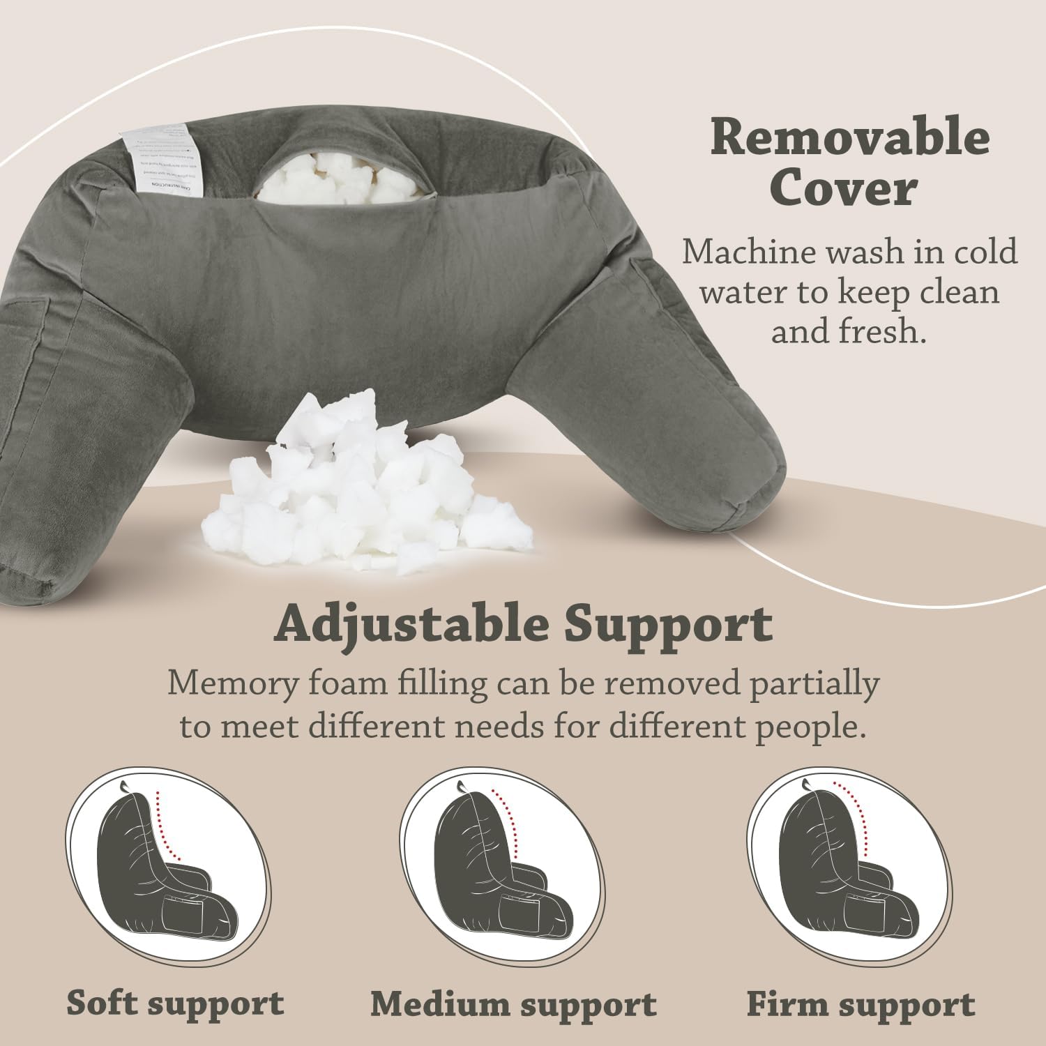LOVTEX Almohada de lectura con funda extraíble, almohada de espalda para sentarse en la cama con brazos y bolsillos, almohada de descanso en cama