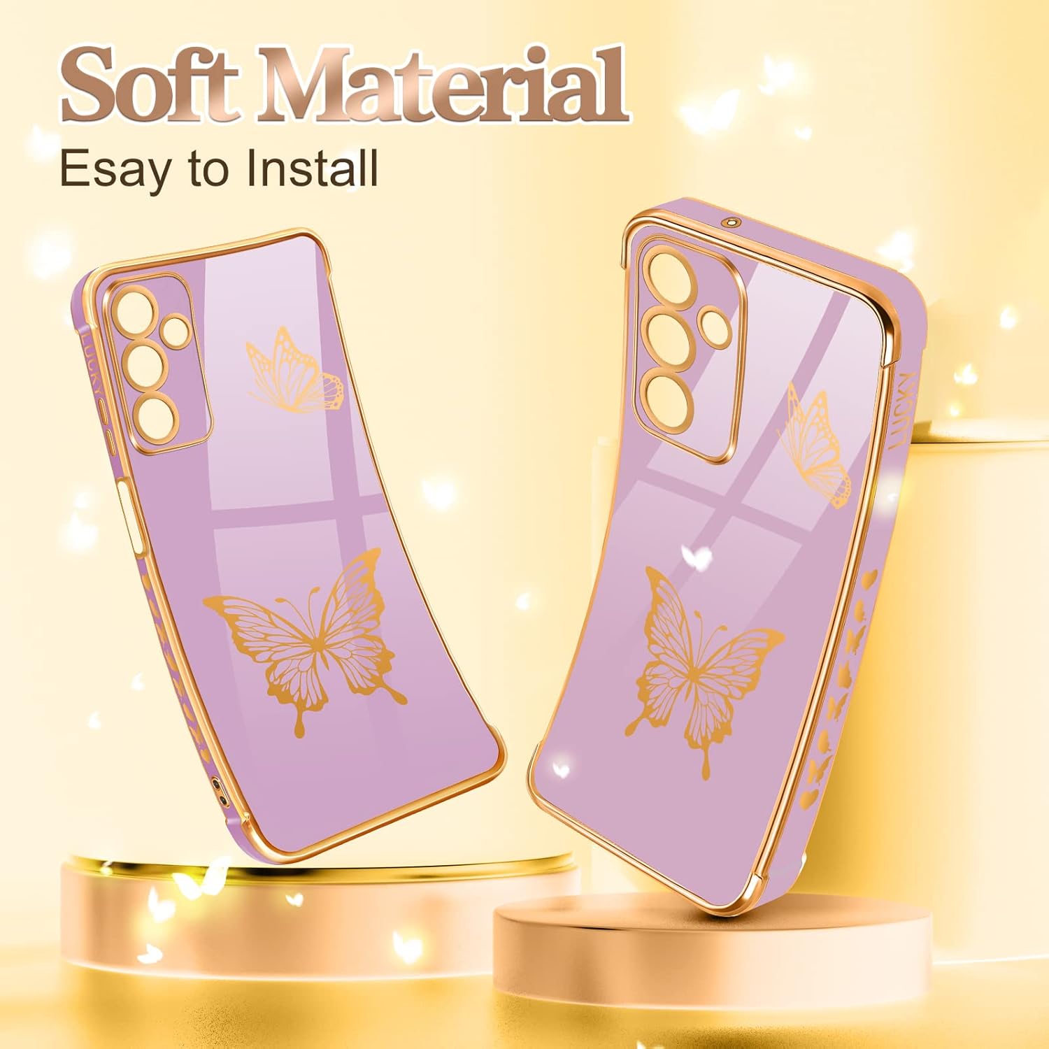 Coralogo Funda de teléfono para Samsung Galaxy A14 5G con diseño de mariposas para mujeres y niñas, diseño de mariposas chapadas en morado y dorado