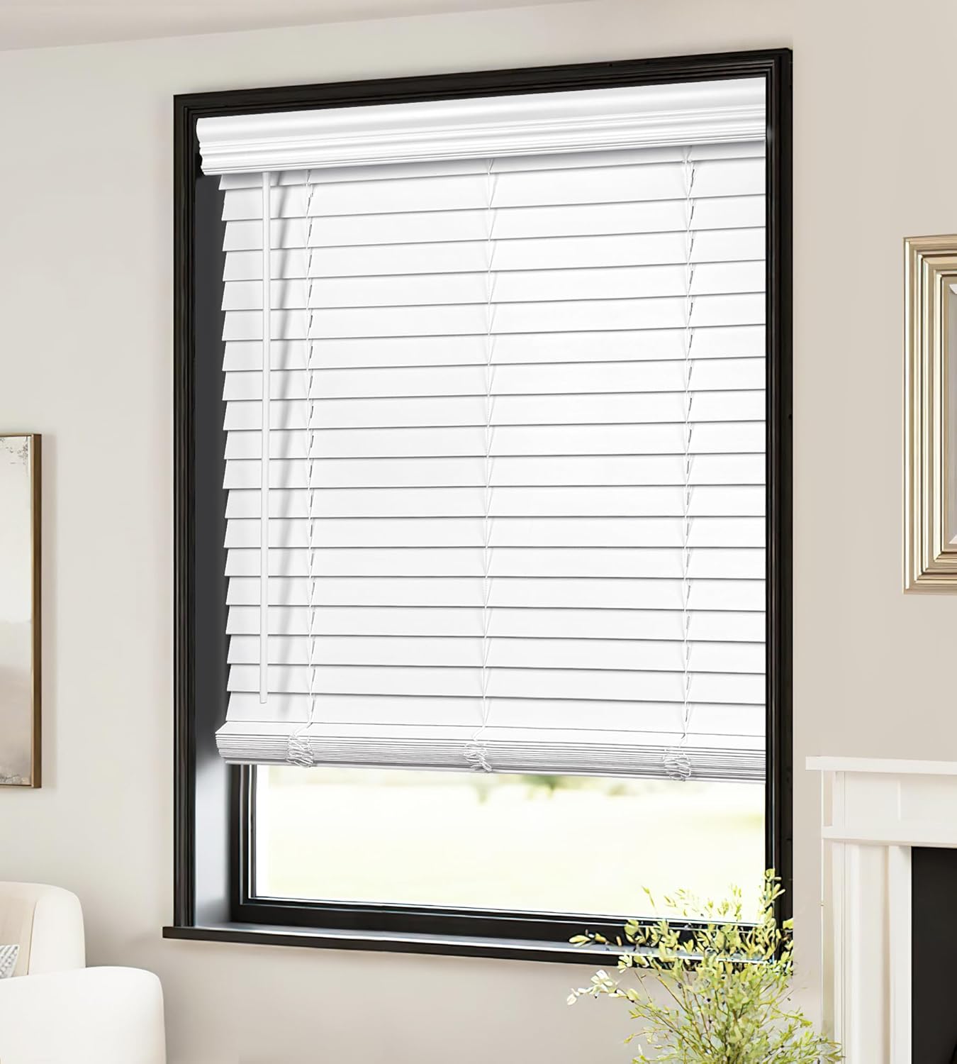 LazBlinds Persianas de madera sintética sin cordones de 2 pulgadas con cenefa real, persianas horizontales para oscurecer la habitación, persianas