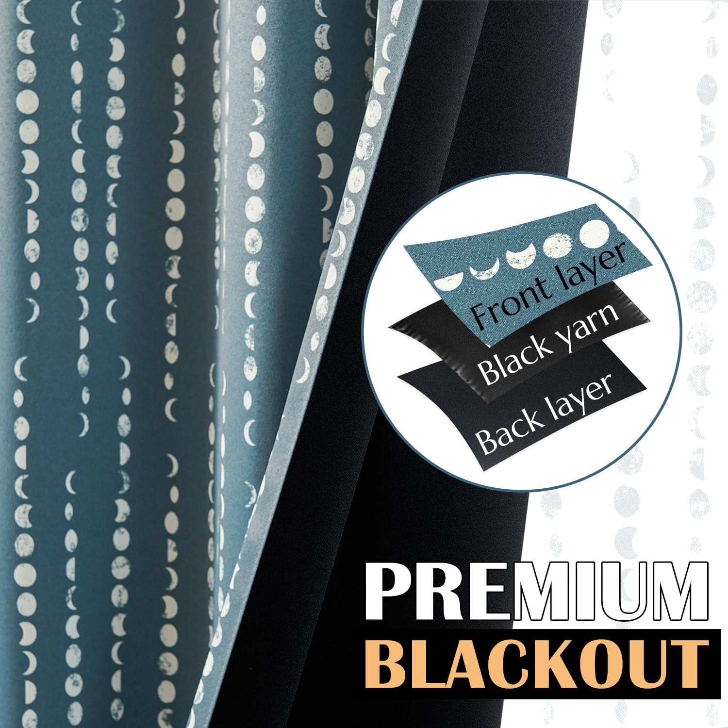 jinchan Cortinas bohemias 100% opacas con estampado de fases lunares de 63 pulgadas de largo, cortinas azules con bolsillo para barra, pestañas