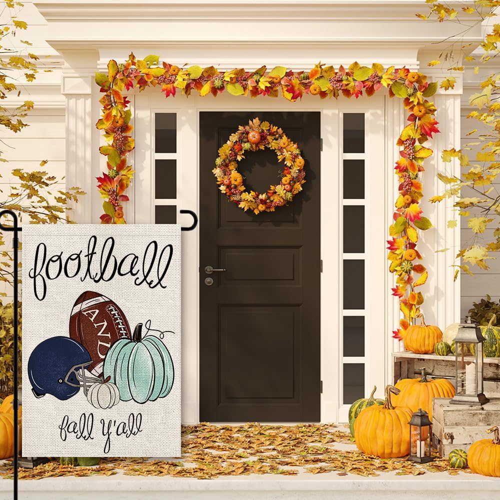 DIYDEC Bandera de jardín de fútbol de otoño de 12 x 18 pulgadas, bandera de fútbol de doble cara con calabaza para patio, día de juego deportivo,