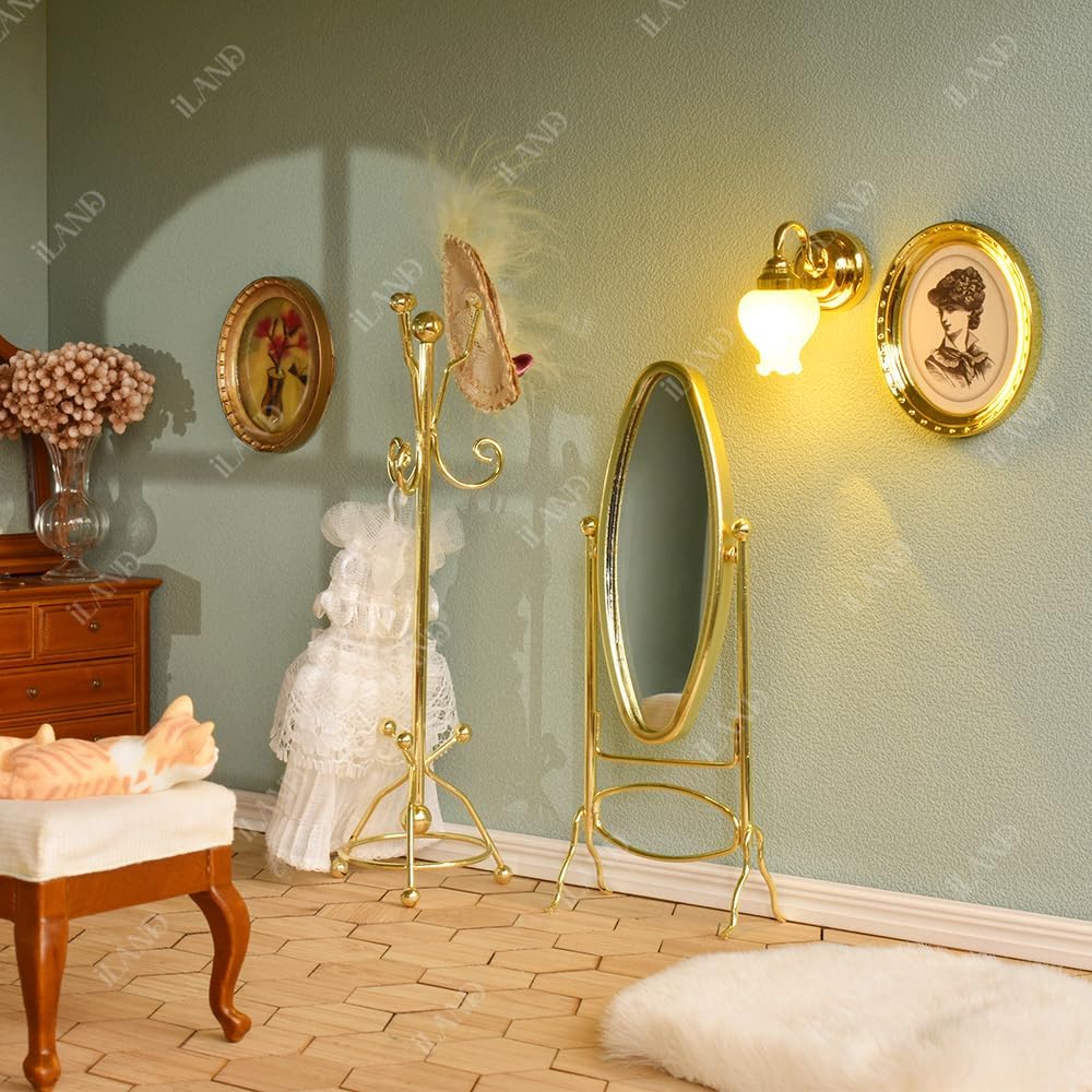 iLAND Muebles para casa de muñecas a escala 112, perchero para casa de muñecas y espejo de longitud completa (color dorado)