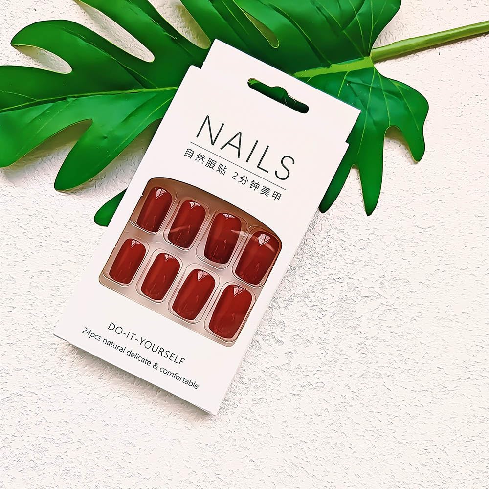 Uñas postizas medianas a presión, uñas postizas rojas con ataúd con uñas acrílicas de color rojo vino brillante, cobertura completa, uñas postizas