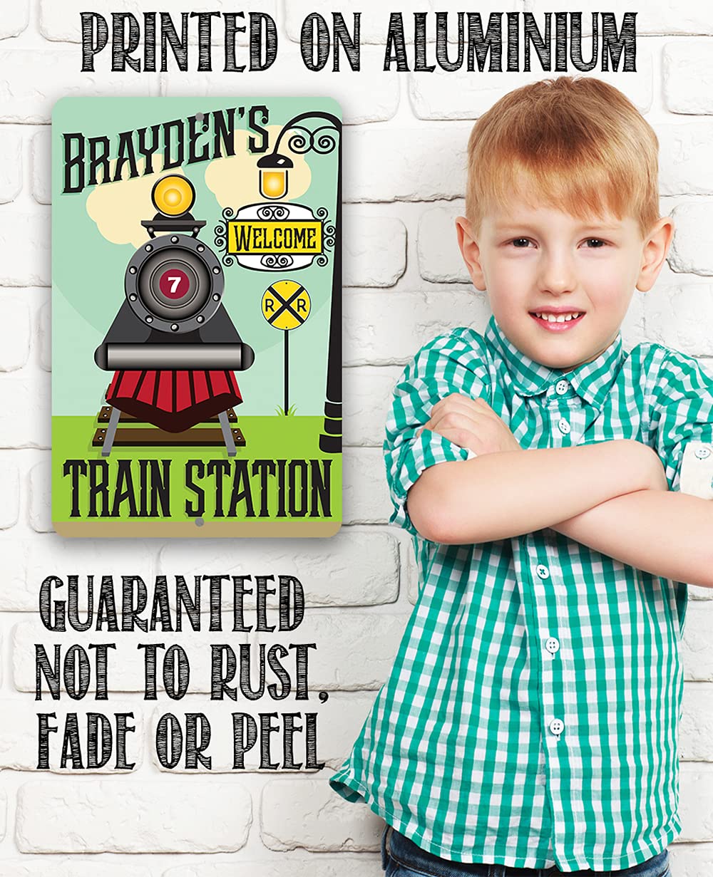 Personalized Train Station – Cute Railroad Crossing Decor, Baby Boy Room Accessories, Playroom Decoration and Custom Baby Shower Gift, 8×12 or 12×18