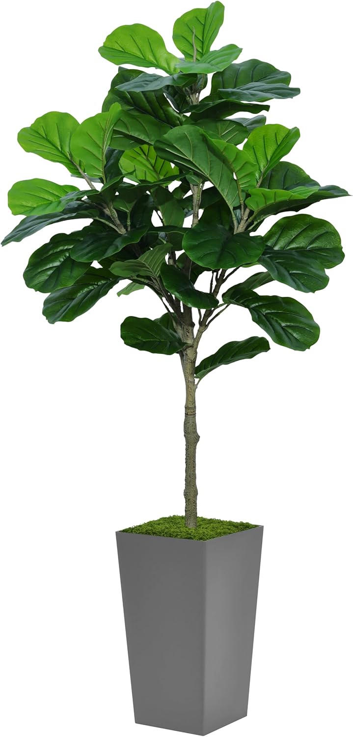 Árbol de higuera artificial de hoja de violín de 5 pies, árbol de higuera de hoja de violín sintético con maceta alta gris, planta falsa de ficus