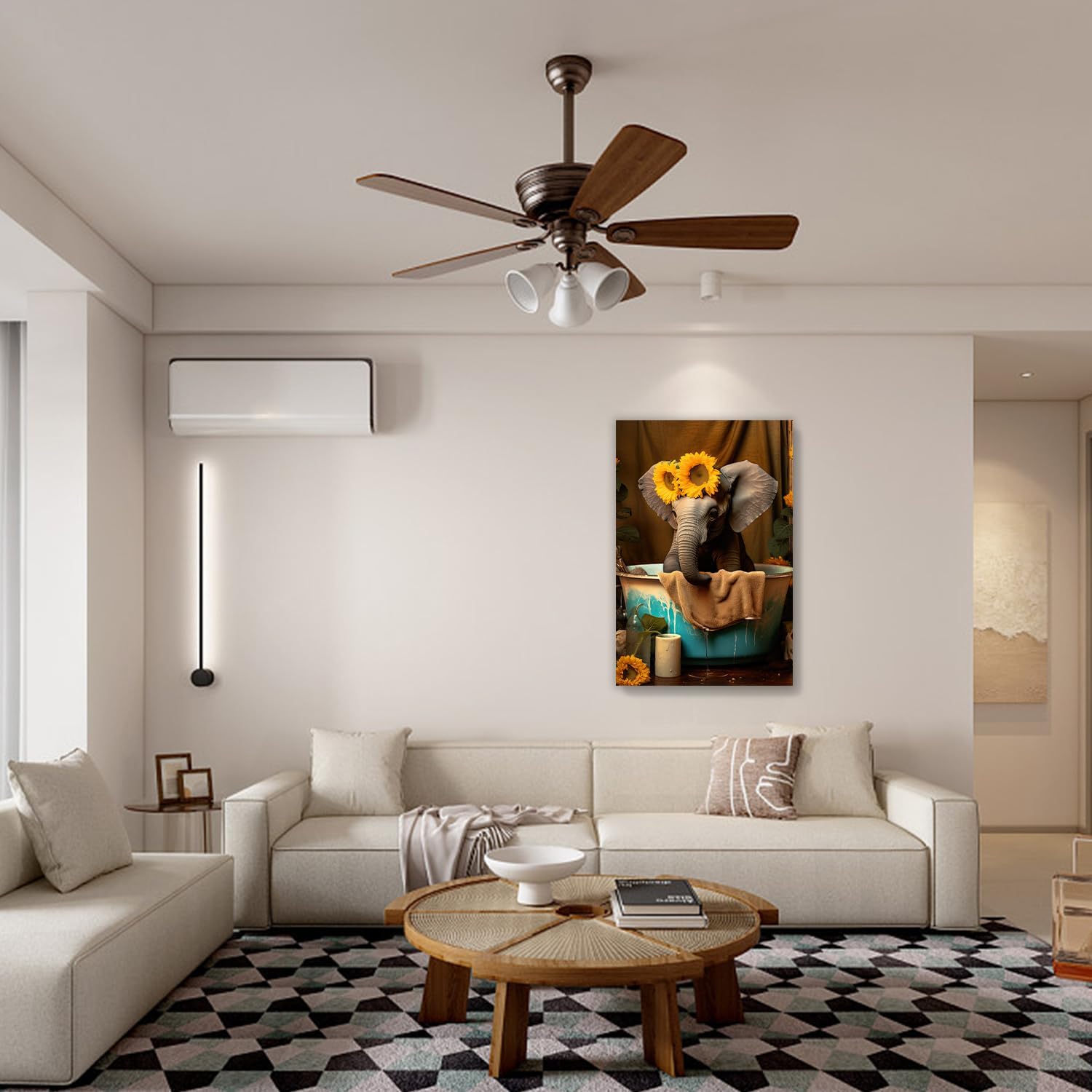 MOSTUNNA Creativity – Lienzo decorativo para baño, diseño de animales, divertido elefante y girasol amarillo en la bañera, decoración de pared,