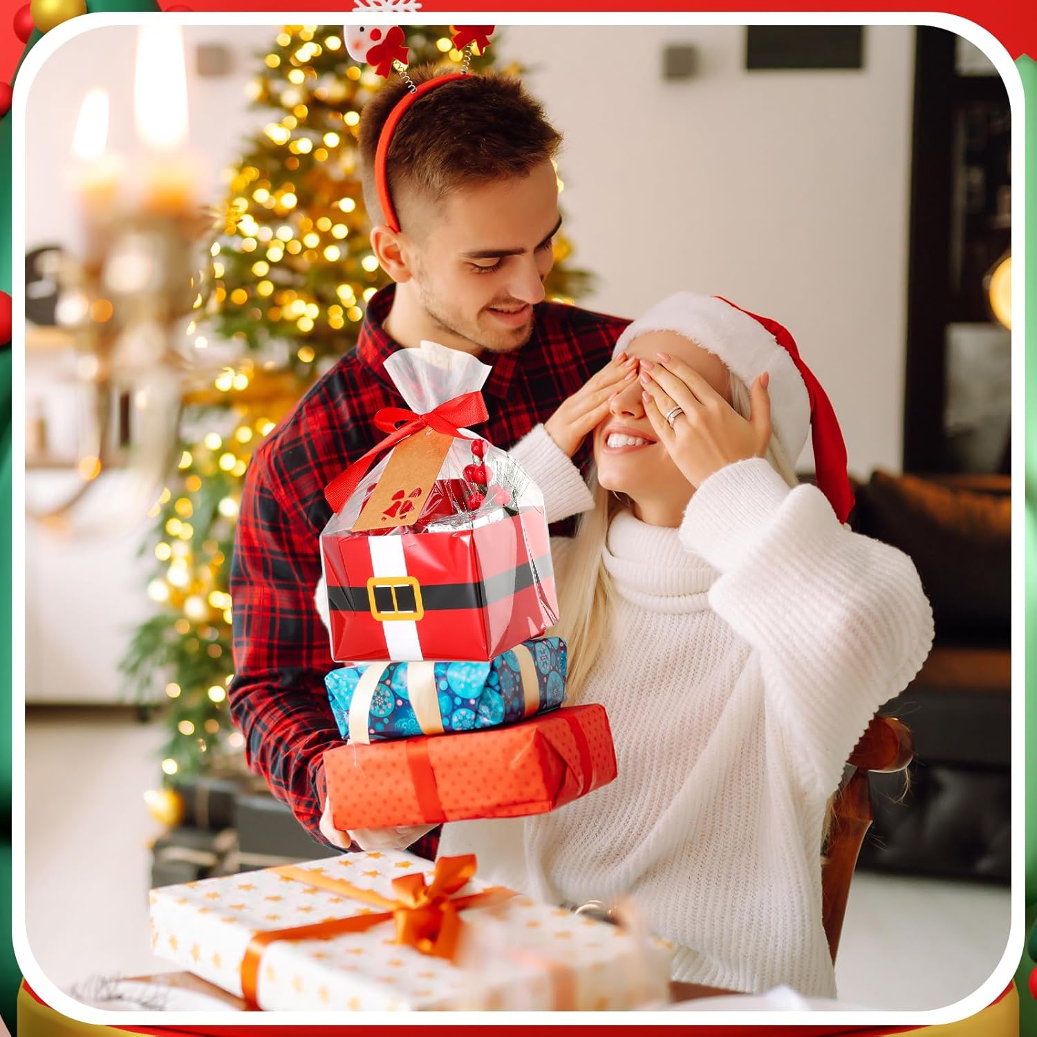Fuutreo 30 cestas vacías de regalo de Papá Noel con cesta de celofán, bolsas de cintas, etiquetas de regalo de Navidad, cesta de regalo vacía a