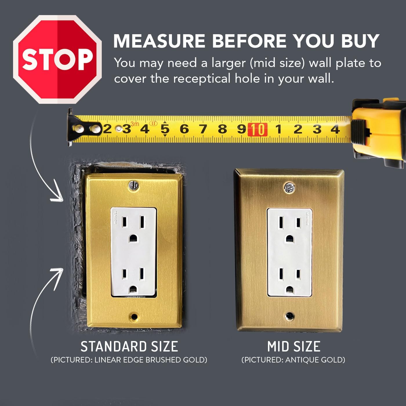 Placa de pared de metal dorado triple para interruptor de luz o cubierta de enchufe, placa de pared resistente a la corrosión para receptáculo,
